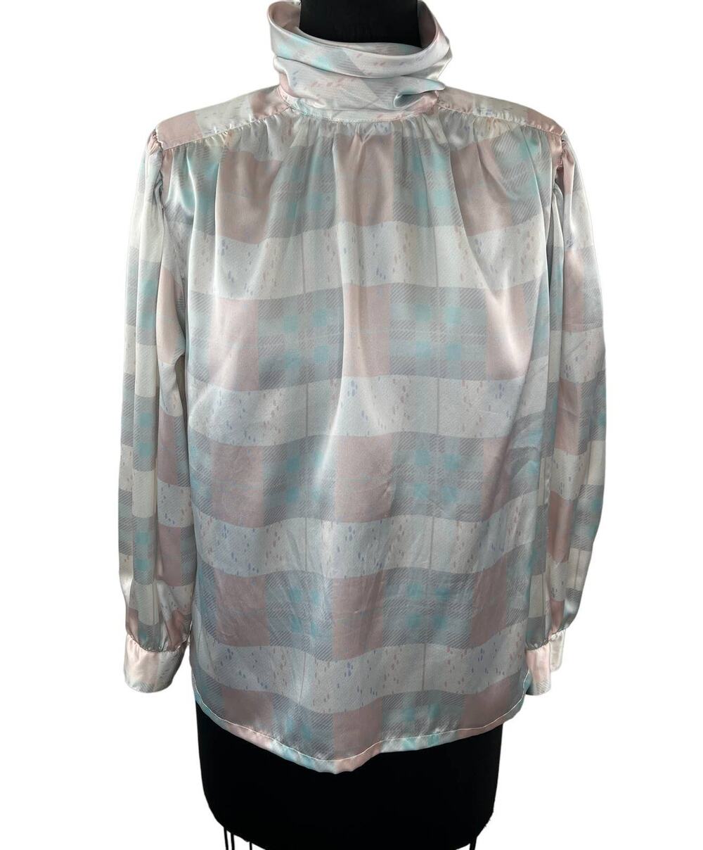 VINTAGE C'est Petite Pastel Blue Pink Long Sleeve Satin High Neck Keyhole Blouse